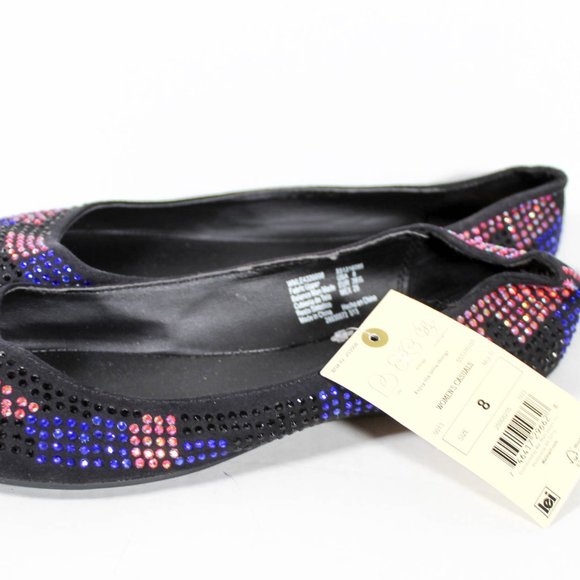 NWT Multicolor Blue Red to Pink Hue Iridescent Rhinestone Sparkle Black Flats - Picture 4 of 5